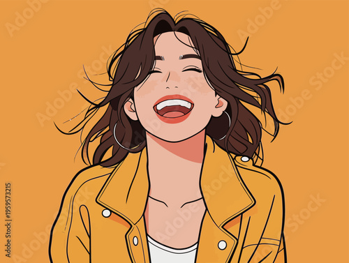 Young woman smiles brightly against a yellow background with loose hair and a casual outfit while wearing hoop earrings and enjoying the moment