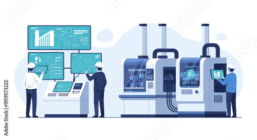 Illustration of people working with industrial machinery and digital screens in a factory setting with a futuristic and technological mood.