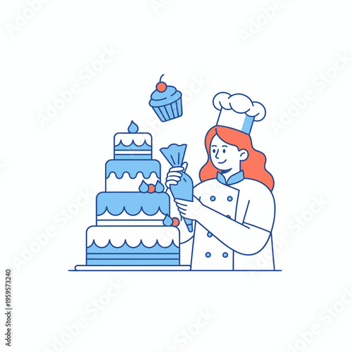 Skilled Baker Decorating a Multi-Tiered Cake with Icing Bag.