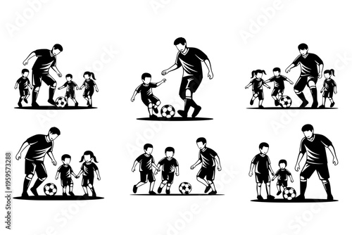 Volunteer Playing Soccer with Children Orphanage Mentorship Active Childhood Black Vector Silhouette