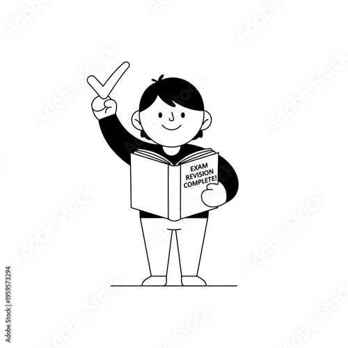 Student celebrates exam revision completion with a checkmark.