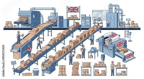 Illustration of a bustling warehouse with workers operating conveyor belts, packaging boxes, and machinery in a busy industrial scene with a predominantly blue and brown color scheme.