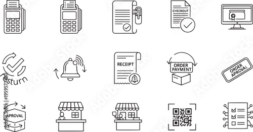 Online Shopping Payment and Order Confirmation Icon Set - E-commerce Transaction Outline Illustrations