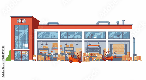 Illustration of a warehouse with a red facade and large windows, featuring industrial equipment and boxes in a factory setting with a predominantly orange and blue color scheme.
