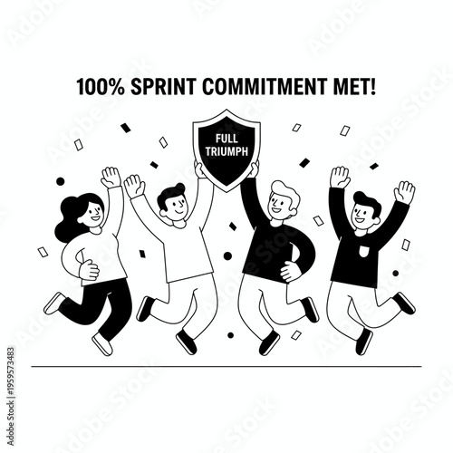 Team celebrates 100 sprint commitment met with full triumph shield.