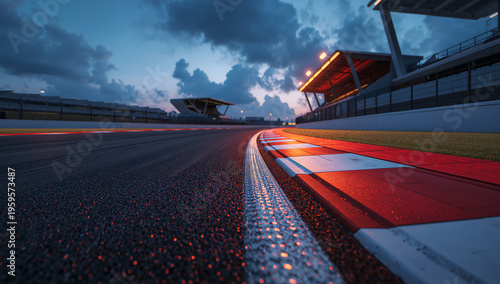 近未来感を帯びた夕暮れのサーキットコーナー路面