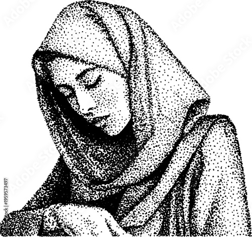 Tarot card high priestess in black and white stippling art for mystical designs