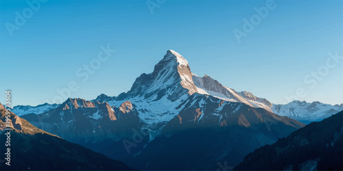 Snowy peaks of Mount Cook National Park in New Zealand rise toward a cold winter sky with glaciers and high mountain rocks reflecting the sunset light across a panoramic landscape