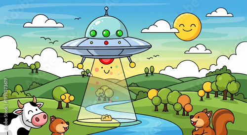 Whimsical ufo abducting cow in pastoral landscape with squirrel and pig