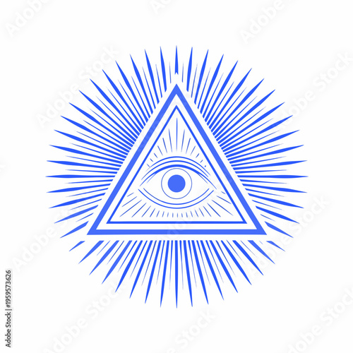 Blue all seeing eye within a radiant triangular emblem design