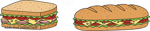 Cartoon sandwich illustration with bread slices and sub roll filled with lettuce, tomato, cheese, and deli meat layers