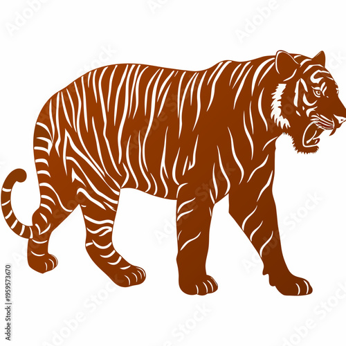 A stylized illustration of a tiger in a single reddish brown tone