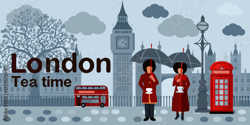 Illustrative depiction of london landmarks with guards and traditional elements