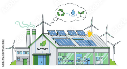 Illustration of a sustainable factory with solar panels and wind turbines, symbolizing eco-friendly industrial practices and renewable energy sources.