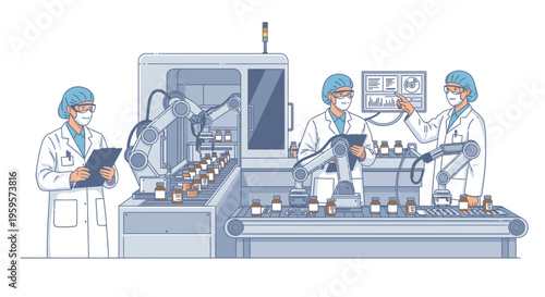 Illustration of three workers in lab coats and hairnets inspecting products on a conveyor belt with machinery in a factory setting.