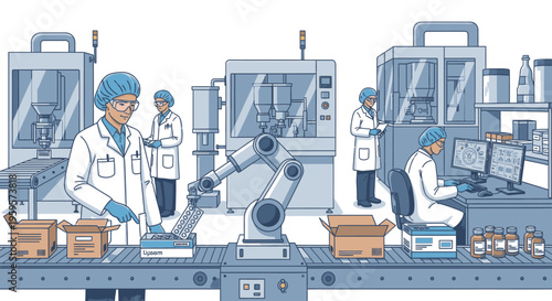 Illustration of laboratory workers in white coats and blue hairnets working on a production line with robotic arms and computer equipment in a factory setting with industrial machinery.