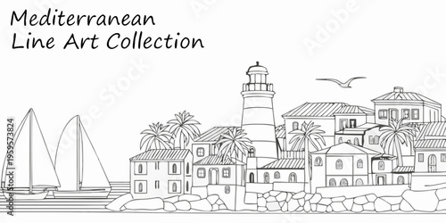 Mediterranean coastal scene with lighthouse buildings and sailing boats illustration
