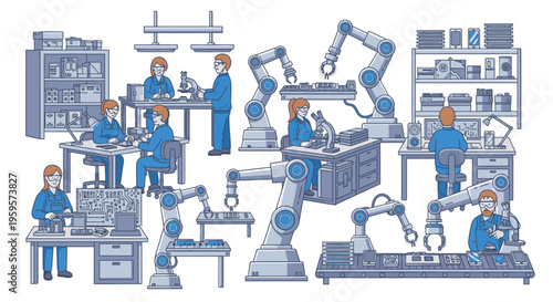 Illustration of workers in blue uniforms operating industrial robots and machinery in a factory setting with a monochromatic color scheme and a sense of industry and productivity.