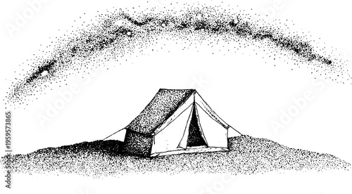 Stargazing camping scene with tent and galactic spiral sky in black and white stippling art