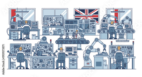 Illustration of a British factory interior with various industrial machines and workers at different stations with a monochromatic color scheme.