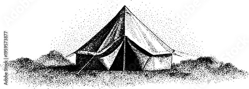 Vintage tent with crystal fragments in black and white stipple art for outdoor design