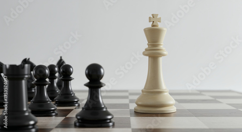 Wallpaper Mural Winner concept, chess checkmate. Chess king white color standing, black pawns down, chessboard background. 3d illustration Torontodigital.ca