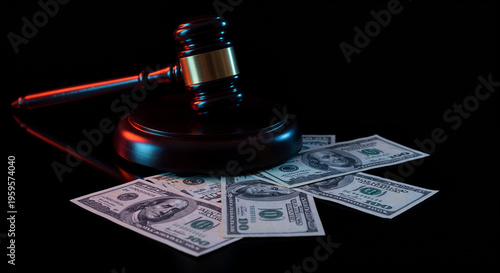 Wallpaper Mural selective focus of dollar banknotes scattered on wooden table near gavel isolated on black Torontodigital.ca