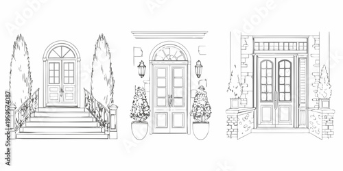 Elegant line art depicting three ornate architectural doorway designs