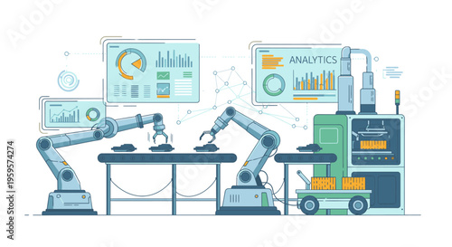 Illustration of industrial robots working at a manufacturing station with screens displaying analytics and graphs on a clean white background.