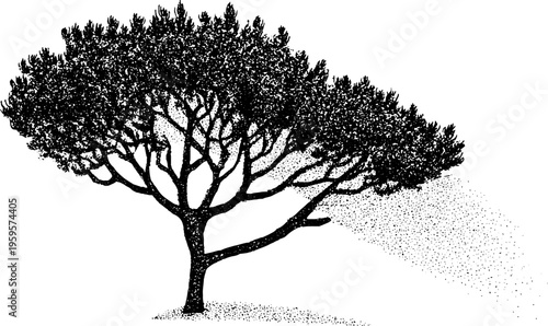 Black and white tree illustration in stippling dotwork style for design use