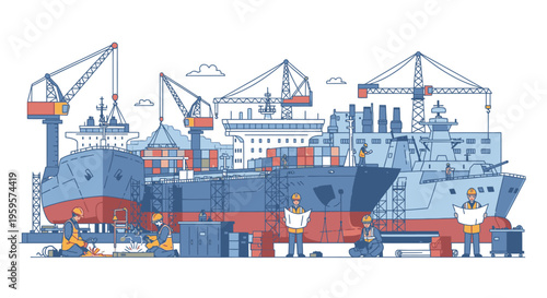 Illustration of people working at a large industrial shipyard with cranes and ships in a flat graphic style with a mix of blue, red, and yellow colors on a white background.