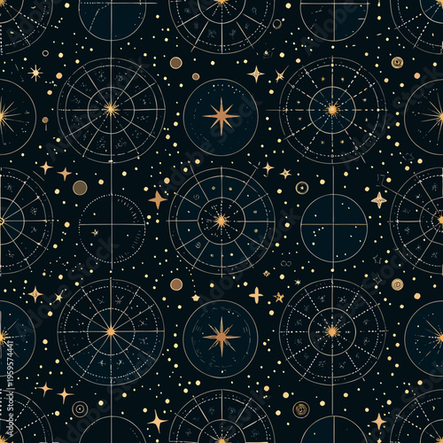 Intricate celestial pattern featuring golden stars and astronomical circles