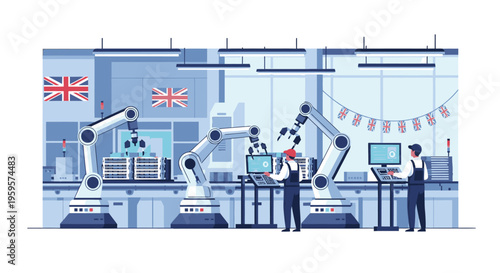 Illustration of industrial robots and workers in a factory with British flags and a celebratory banner in a blue-toned industrial setting.