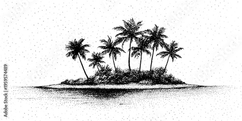 Tropical island paradise with palm trees in black and white stippling art for posters and prints