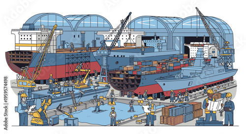 Illustration of a bustling shipyard with workers and large ships under construction in a large warehouse with a blue and red color scheme.