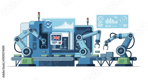 Industrial robotic arms working on a production line with a computer screen and graphs in the background, conveying a technological and manufacturing mood.