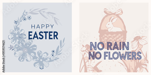 Two festive easter cards with floral designs and cheerful messages