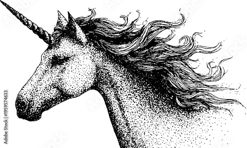 Mystical unicorn head with flowing mane in black and white stippling