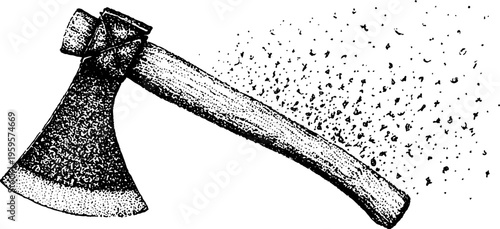 Viking axe with intricate engravings in black and white stippling for historical design