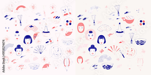 A playful pattern featuring japanese culture elements and whimsical illustrations