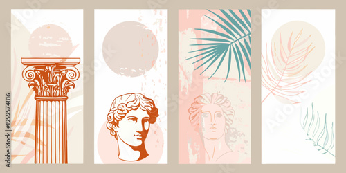 Classical motifs busts columns and botanical elements in abstract panels