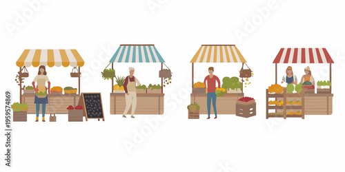 Colorful farmers market stalls with vendors and fresh produce displayed