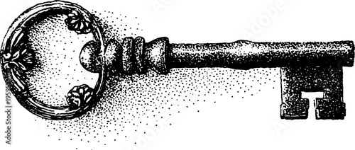 Vintage key with floral engravings in black and white stippling design for decorative art
