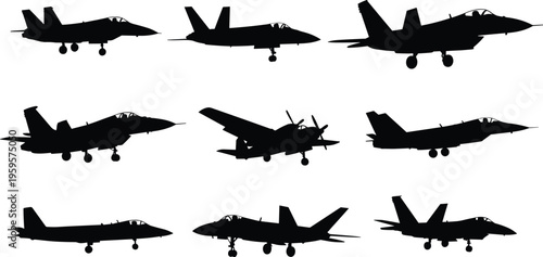 Silhouettes of diverse military aircraft in profile view, including jet fighters and propeller planes, showcasing aviation design, landing gear, and aircraft recognition training
