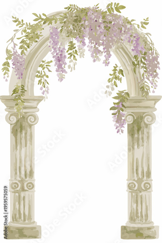 Fotografija Elegant stone archway adorned with cascading wisteria blooms