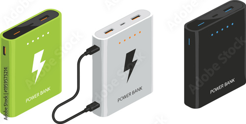 Portable power bank set in green, white, and black colors with charging cable, LED indicators, and lightning symbol illustration