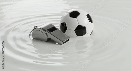 Wallpaper Mural Referee whistle and soccer ball isolated on white background. Football traditional sport game leather classic ball white color and Coach metal accessory with red string. 3d illustration Torontodigital.ca