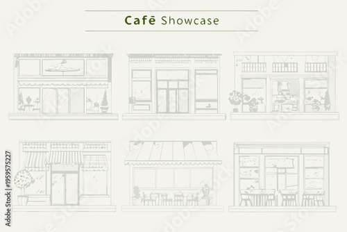 Line art illustration displaying six different caf storefront designs