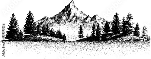 Tranquil mountain landscape with waterfall and crystal cluster in vintage stipple art
