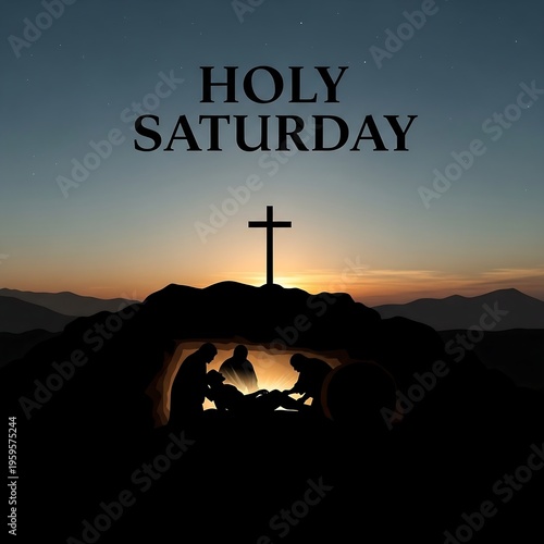 Holy saturday with cross and people in cave
